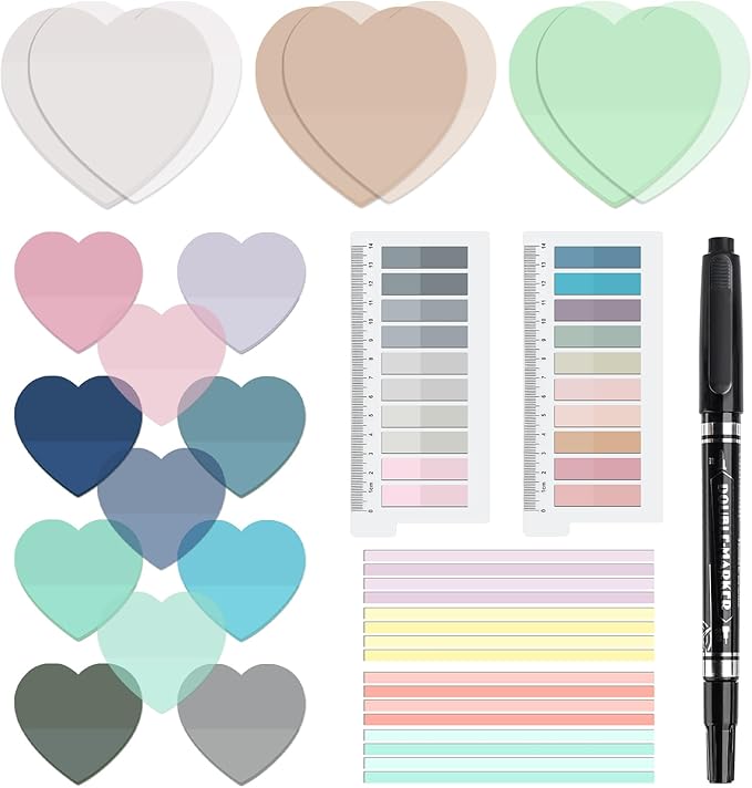 870 Sheets Transparent Sticky Notes, Clear 3 x 3 Heart Sticky Notes with Marker, Waterproof Translucent Annotation Index Tabs for Bible Study Journaling Supplies