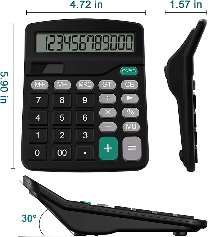 Desktop Calculator, 12-Digit Solar Calculator with Large Display, Big Easy-Press Buttons, Power Solar, Compact Office Desk Calculator for Home, School & Business