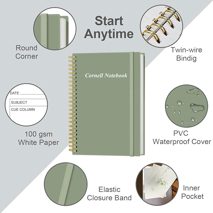 Yaridar A5 Cornell Notes Notebook - College Spiral Cornell Notebooks for Note Taking, Subject College Ruled Steno Pads for Office/School/Home, 5.8" x 8.5", Green