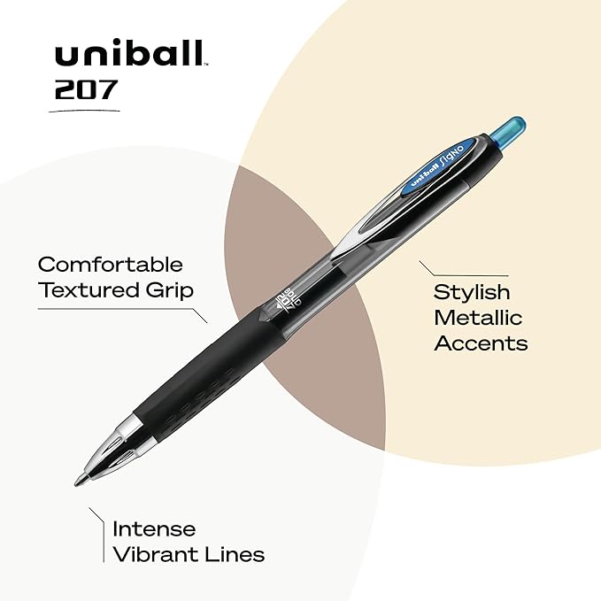 uniball Signo 207, 1.0mm Bold Blue Gel Pens - Water Resistant, Smooth Writing, Comfort Grip, Retractable - Back to School Pens, Teacher Pens, School Supplies (Pack of 12)