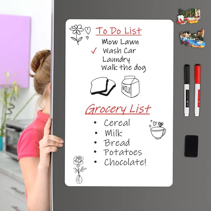Magnetic Dry Erase Board Fridge White Board Sheet 20x13 inch, Flexible Large Refrigerator Magnets Whiteboard Planner for Home Kitchen, 2 Markers and Eraser