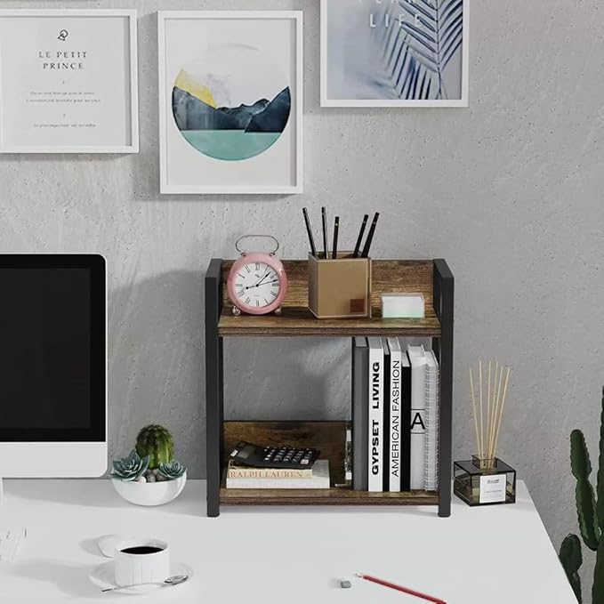 Office Desk Shelf Organizer, Wood Desktop Bookshelf Supplies Storage Rack, Shelf for Top of Desk and Dresser and Cubicle Decor Aesthetic Bookshelf (Bamboo, Small 12.9" Lx6.3 Wx10.2 H)