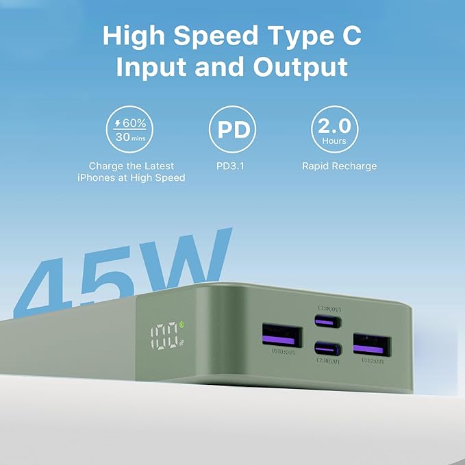 JUOVI Power Bank 45W 20000mAh Portable Charger USB C, PD QC Fast Charging 4-Port(2C+2A) External Battery Pack with LED Display, for iPhone 15 16 MacBook ipad