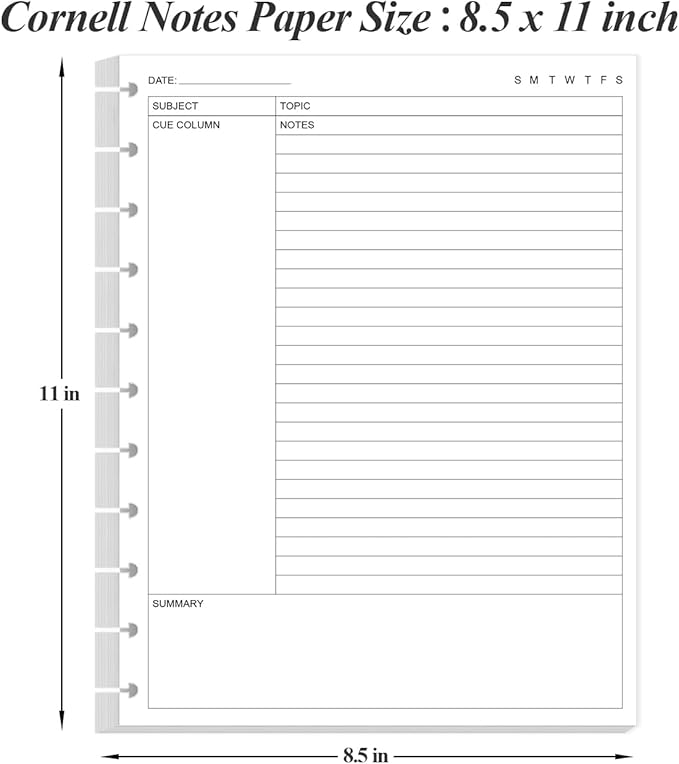 Letter Size Cornell Notes Filler Paper - 11 TUL Disc Cornell Notes Loose Leaf Paper, 50Sheets / 100Pages, 8.5'' x 11''