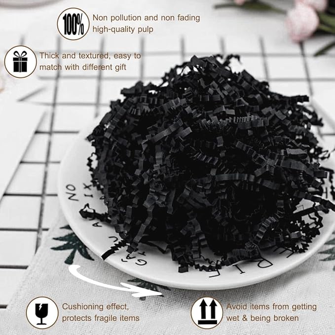 LYARCHTE Crinkle Paper Filler 5.2 oz, Crinkle Cut Paper Shred Filler Shredded TissueRaffia Grass Paper for Gift Basket Packing Bag Filler (Black)