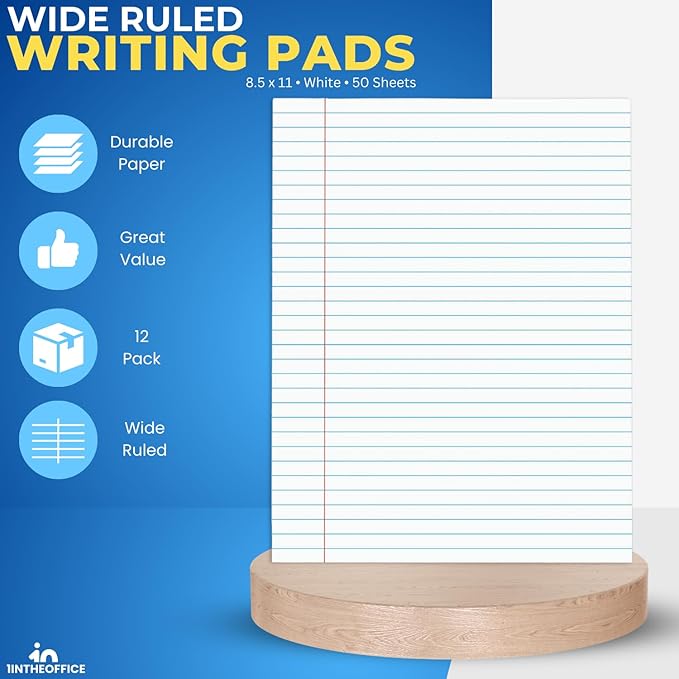 1InTheOffice Legal Rule Writing Pad Wide Ruled 8.5 x 11, Glue Top Writing Pad, Legal Notepad, Letter Size, 50 Sheets per Notepads (12 Pack)