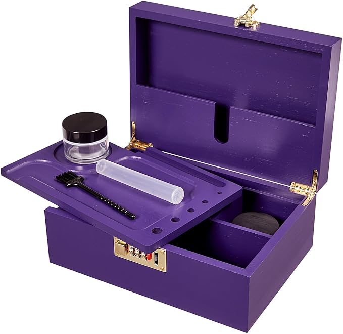 Bamboo Wood Desktop Organizer with 3 Glass Jars and Sliding Tray - Red Multi-Compartment Storage Case for Craft Supplies, Stationery, and Small Accessories (Purple)