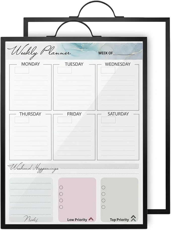 Magnetic Dry Erase Board 12x16 with Handle, Double Sided Portable Black Whiteboard for Home, Office, School & Kitchen, Includes Weekly & Monthly Magnetic Planner Sheets