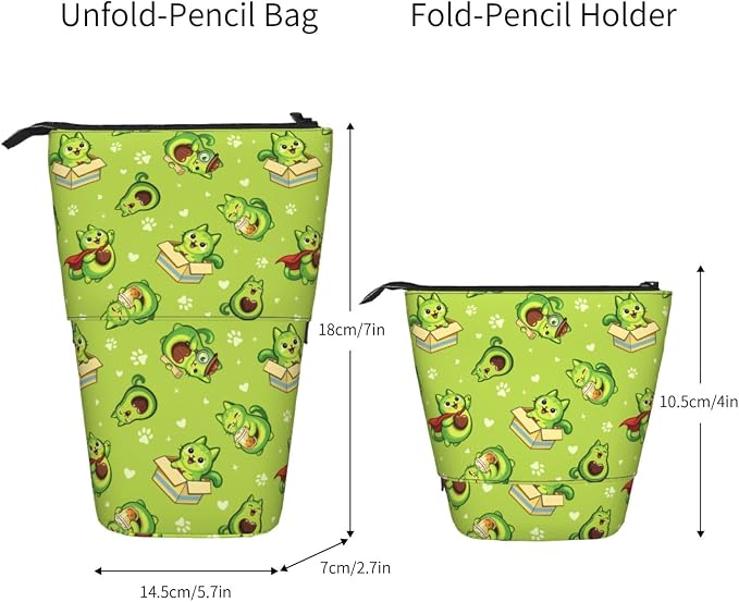 Green Avocado Cat Kids Standing Pencil Case Girls Boys Telescopic Stationary Pouch with Zipper Large Capacity Stand up Pen Bag Portable Makeup Holder for Children School Students Office Supplies