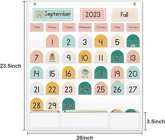 Eamay Boho Calendar Pocket Chart with 90 Cards for Kids Learning,Classroom and Home School Décor,White