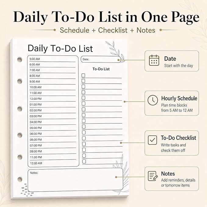 A5 Daily To Do List Planner Inserts, 6-Ring Undated Planner Refill Pages with Hourly Schedule, Checklist & Notes, 100 Double-Sided Sheets, 100gsm White Paper, 5.8 x 8.3 in