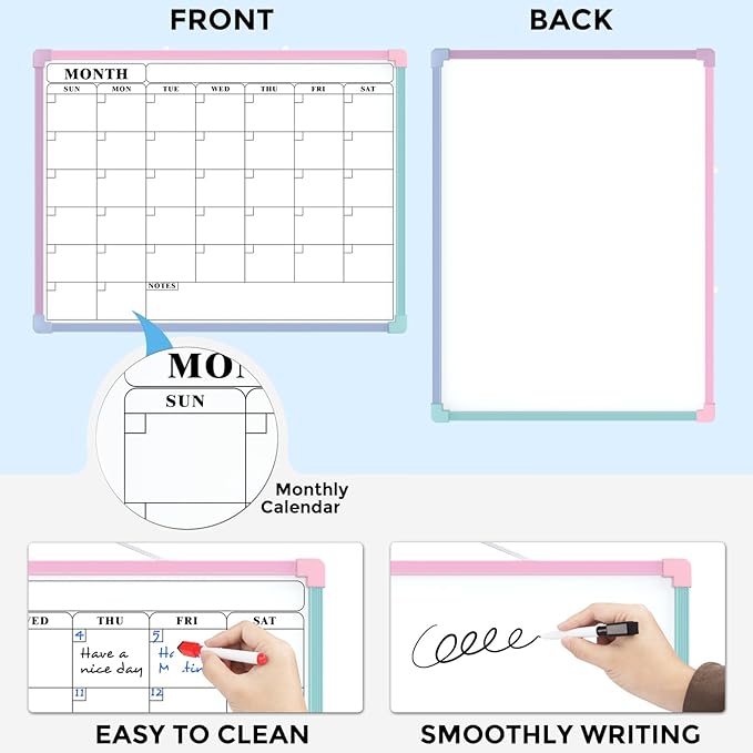 MaxGear Monthly Calendar Dry Erase Board for Wall, 16"x12" Small Hanging Double-Sided White Board, Portable Whiteboard for Planning, Drawing, Memo, to Do List, School, Home, Office, Macaron Frame