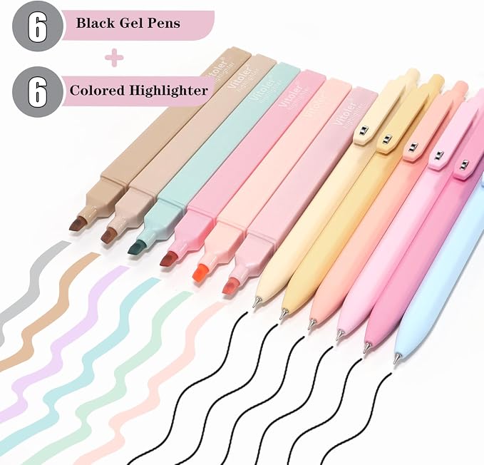 Vitoler Highlighters and Gel Pens，12 Pack Assorted Colors | Chisel Tip Quick Dry Aesthetic Highlighters and 0.5mm Black Ink Pens for Study, Journaling and Office Supplies