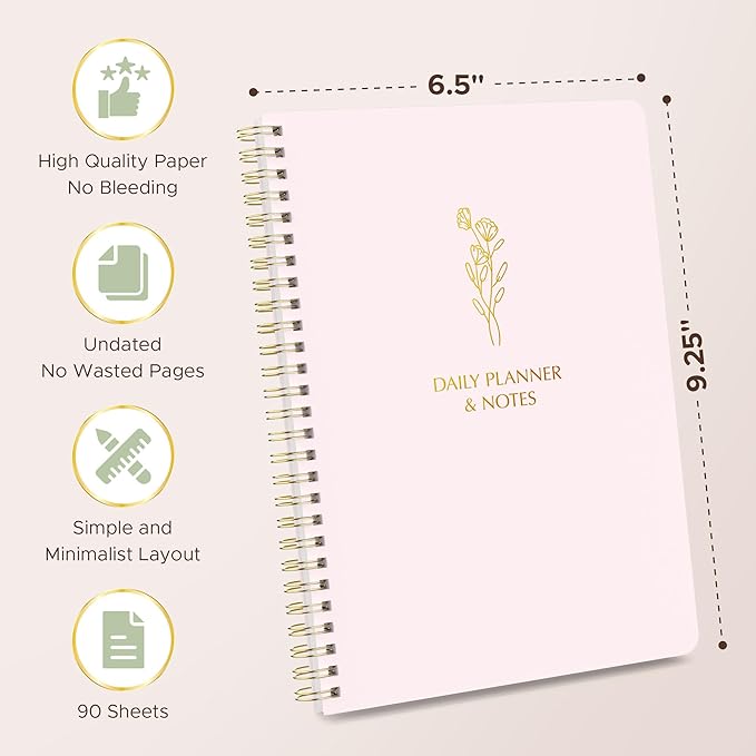 Simple Daily Planner Undated & To Do List Notebook: With Hourly Schedule - 6.5x9.25" Blush Pink - Aesthetic Spiral Note book for Work and Life Tasks - Day & Hour Agenda, Organizer Notepad Journal