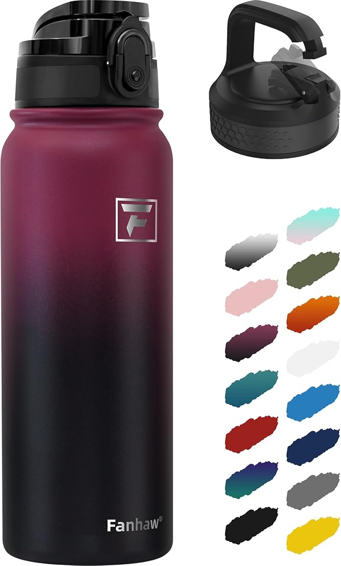 Fanhaw 20 oz Insulated Stainless Steel Water Bottle with Anti-Dust Chug Lid & Carabiner Lid, Leakproof Vacuum Metal Bottle for Kids, Teens & Adults, Back to School Essentials (Red Black)