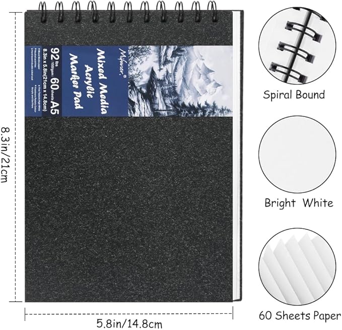 8.3x5.8 Sketch Book, Top Spiral Bound Sketch Pad, 60sheets 92lb/150gsm Bright White Paper, Acid-Free Mixed Media Paper for Painting, Dawing & Art Supplies. B-Black