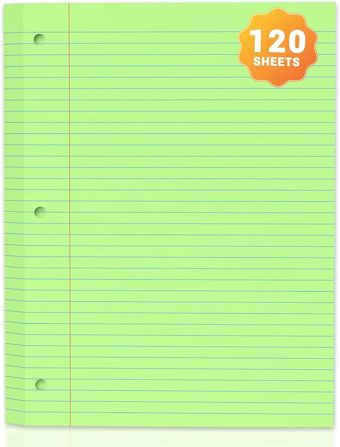 120 Sheets Green 8x10.5 Inch Loose Leaf Paper, College Ruled Filler Paper, 3 Hole Punched Notebook Paper for 3 Ring Binder, Premium Notebooks Paper for Students & Teachers, Office & School Supplies