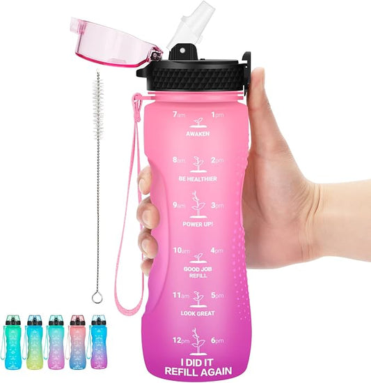 24 OZ Motivational Kids Water Bottle With Time Marker,Straw Lid,Leak Proof, Tritan BPA Free Sports Water Bottle Pink Purple(1 Lid)