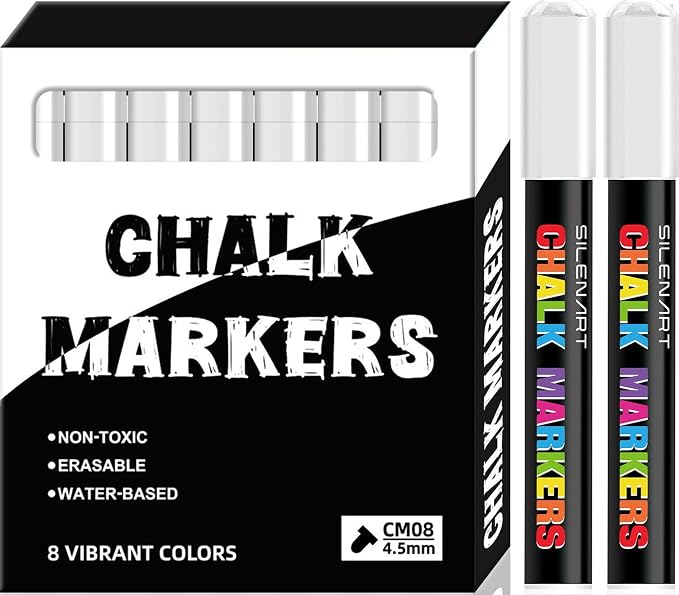 SILENART White Liquid Chalk Markers for Blackboard Chalkboard Window Marker Pen for Car Glass - 8 Pack