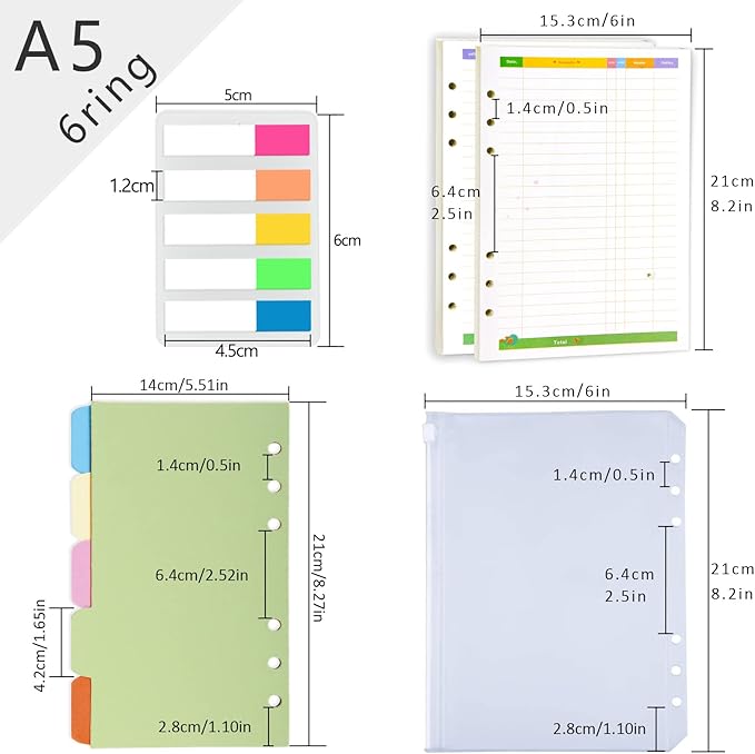 Rancco A5 Budget Planner Refill Paper, 90 Pages Colorful 6-Ring Binder Expense Tracker Inner Page Financial Planner w/Binder Divider, Pouch, Ruler, Index Tab for Budgeting Book, Double-sided,8.3x5.6"