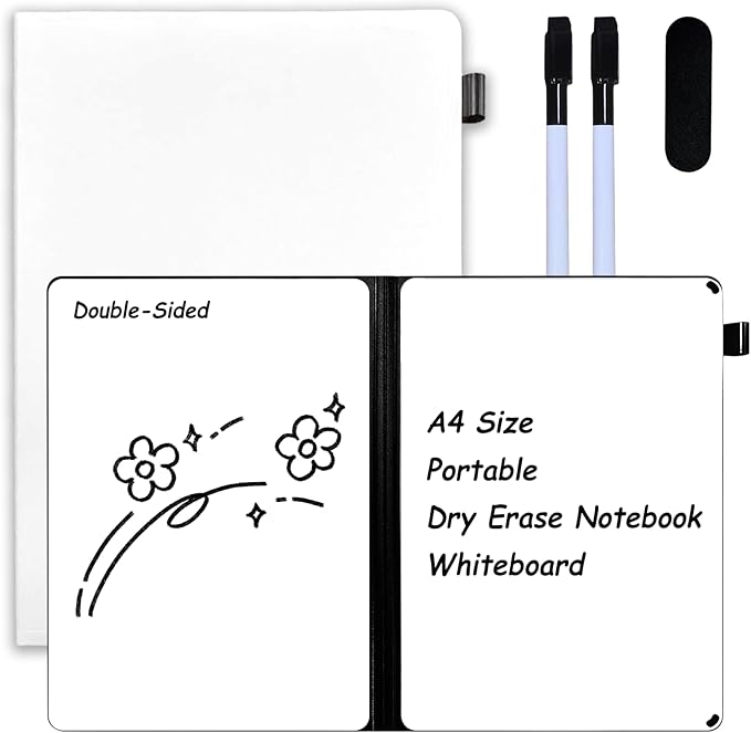 Portable White Board Dry Erase Notebook, Double Sided Folding Whiteboards with Pen and Erase, Small Dry Erase Board for Study, Meeting, Planning 12"x9" (A4), Anti-Ghosting (White)