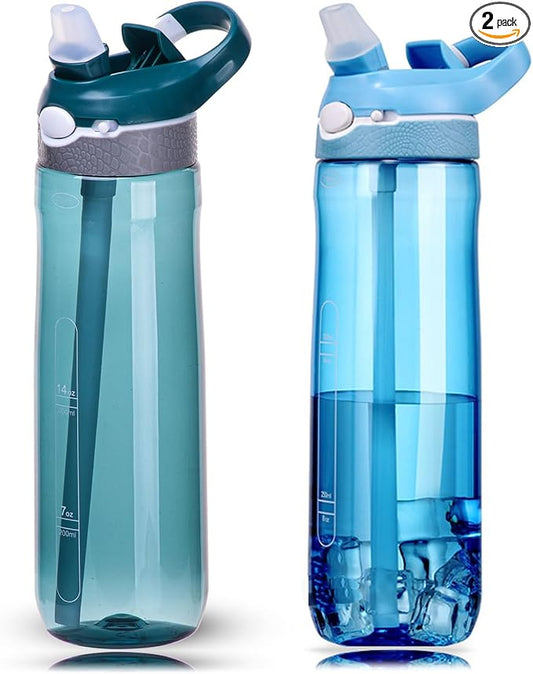 DEARART 2-Pack 24oz Light Blue & Dark Cyan Water Bottles With Straw, Leakproof BPA FREE Hidden Nozzle, Flip Up Lid Has Handle Wide Bottle Easy Clear, Suit Office Outdoor Sports Travel Gym.