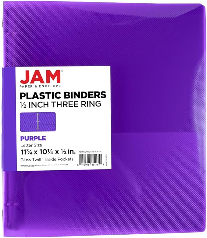 JAM PAPER Plastic 0.5 inch Binder - Purple 3 Ring Binder - Sold Individually