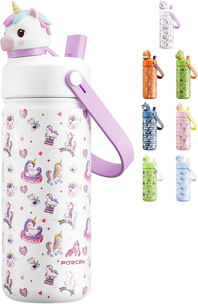 POWCAN Kids Water Bottle for School: 2-in-1 Straw Spout Lid with Soft Animal Head, Leakproof, Backpack Friendly, Keep Cold 24H, Insulated cup for Sports, Trip, Holiday Gift, Unicorn Starland 18 Ounces