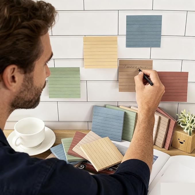 (12 Pack) Lined Sticky Notes 3x3 in,Notepads with Lines,Ruled Stickies Super Sticking Power,Office School Memo Note Pads Vintage Colors,Post on Windows Doors,Recyclable,Easy to Write on
