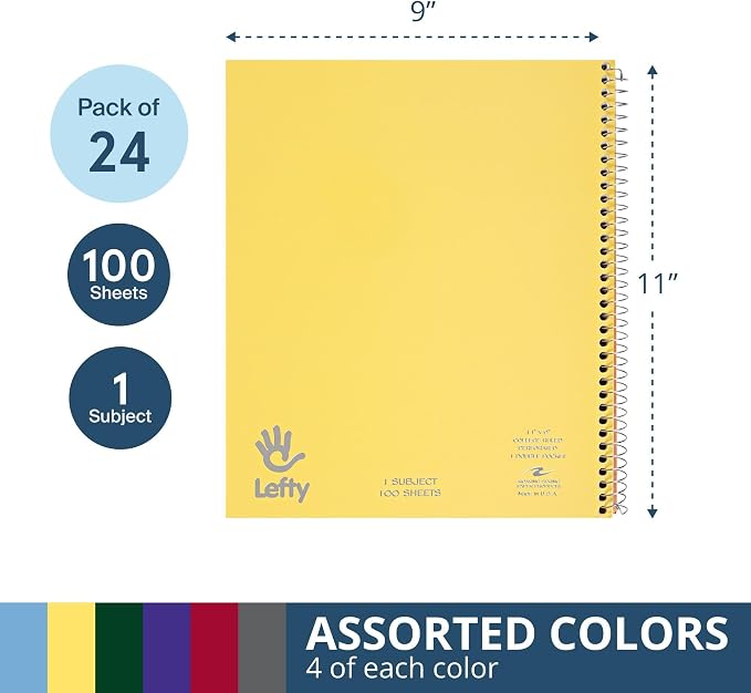 ROARING SPRING Left Handed Spiral Notebook, 1 Subject, 11x9, 24 Pack