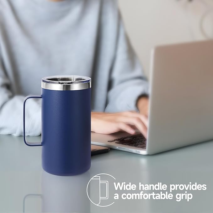 Volhoply 22oz Insulated Stainless Steel Coffee Mugs with Leakproof Lid Bulk 2 Pack,Double Wall Vacuum Travel Coffee Cup with Handle,Reusable Metal Tumbler,Camping Mug Keep Hot&Cold(Navy,2)