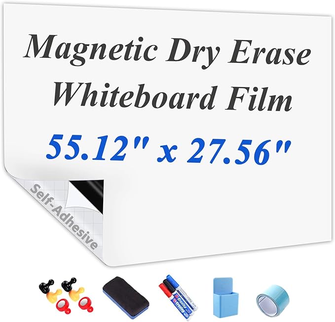 Self-Adhesive Dry Erase Whiteboard Sticker, 55.12" x 27.56" Magnetic Receptive White Board Wall Film, No Ghosting, Easy Write & Clean | Peel & Stick for Office, Home & Classroom,Incl. Accessories