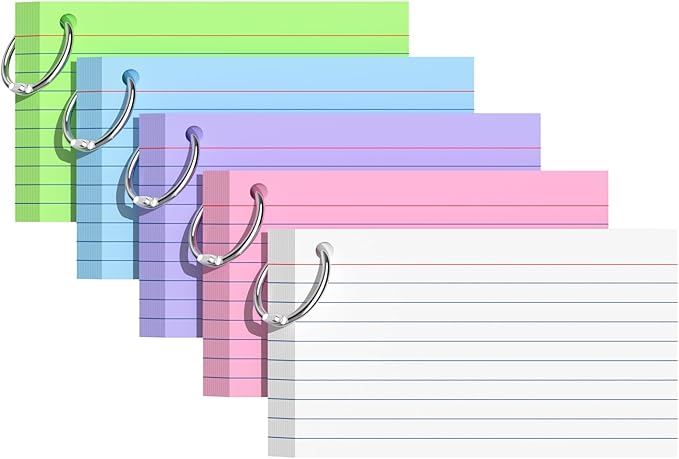 Index Cards 3x5 Inches, 250 PCS, Colorful Flash Cards With Ring, Punched Lined Study Card Ruled Flashcards Notecards, Ruled Front And Blank Back, Note Card for School, College And Home