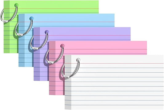 Index Cards 3x5 Inches, 250 PCS, Colorful Flash Cards With Ring, Punched Lined Study Card Ruled Flashcards Notecards, Ruled Front And Blank Back, Note Card for School, College And Home