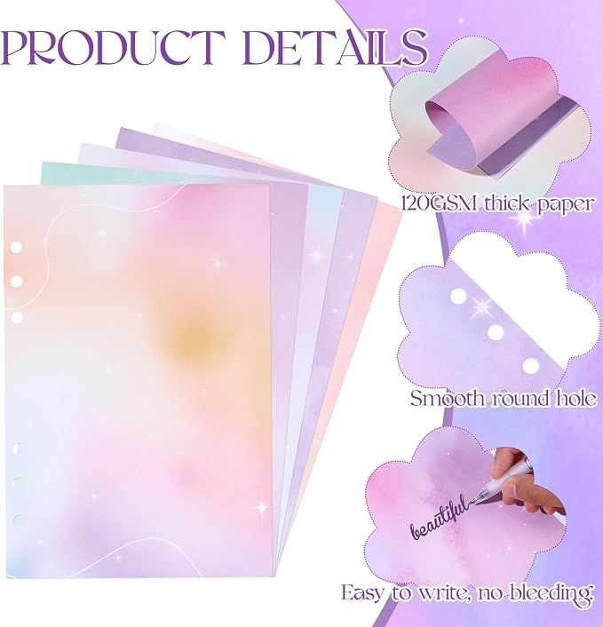 200 Sheets Gradient A5 Planner Inserts - 120GSM Thick Watercolor Refill Paper for A5 6-Ring Binder, Rainbow 6 Hole Loose Leaf Sheets for Journal Diary Notebook Budget Creative Planning