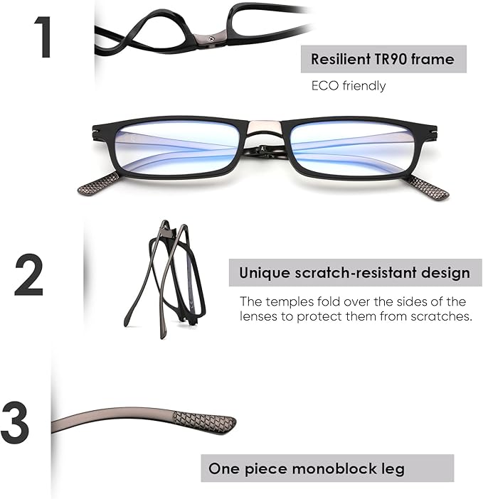 SKYOAK Evolved Folding Reading Glasses For Women Men Blue Light Blocking Anti UV Eyestrain Foldable Portable Compact Readers with Flat Hard Case Pocket Computer glasses 2.0 BLACK