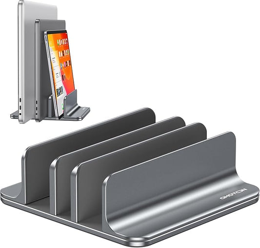 OMOTON Vertical Laptop Stand [Updated 3-Slots Version], Desktop Aluminum Mac Book Stand with Adjustable Dock Size, Fits All Mac Book, Surface, Chrome Book and Gaming Laptops (Up to 17.3 inch), Grey