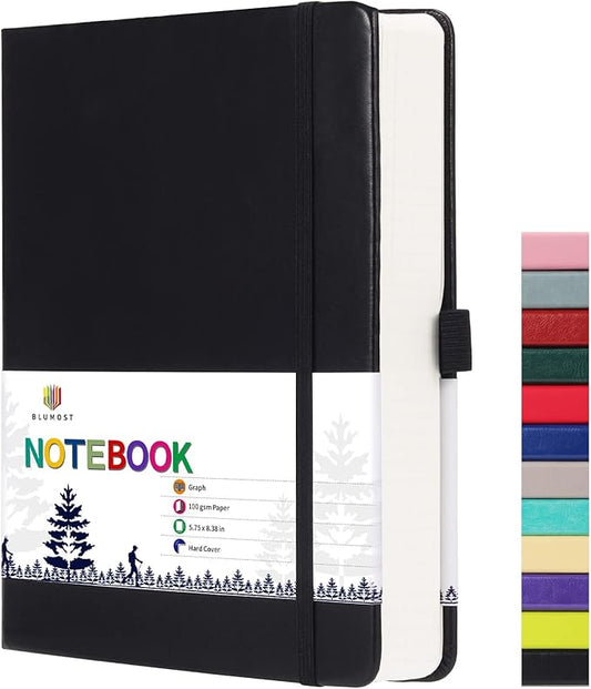 Graph Paper Notebook with 280 Pages,A5 Grid Paper Notebook/Journal,100gsm Thick Graph Leather Journal for Math Science Students,5.75'' × 8.38''-Black