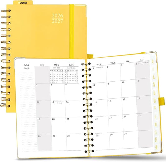 POPRUN Monthly Planner 2026-2027 Spiral Hardcover (6.25'' x 8.5''), 18 Months Calendar (Jan.2026-Jun.2027) - 2 Pages per Month with Dotted Note Pages, Sunday Start, Laminated Tab - Light Yellow