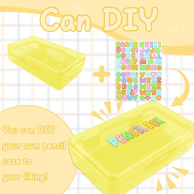 Yellow Pencil Case Box Plastic Aesthetic Hard Pencil Case with Stickers Stackable Storage Box for Girls Boys Big Capacity 1 Pack for Pens School Stylish Office Supplies Storage Organizer Boxs Medium