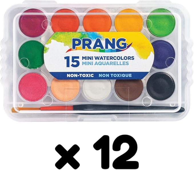 Prang Mini Watercolor Paint Set, 15 Assorted Colors and Mini Paint Brush, Small, Portable, and Travel-Friendly, Class Pack of 12 Sets