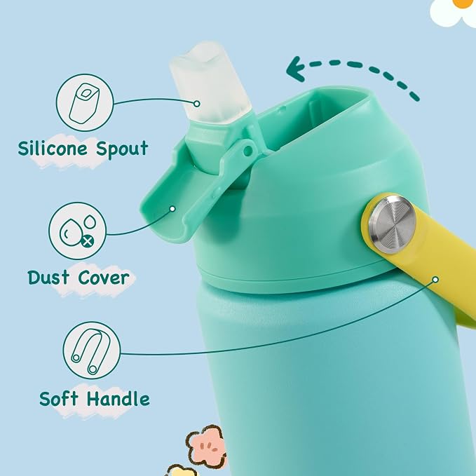 Kerilyn 12oz Kids Water Bottle, Stainless Steel Insulated Water Bottle For Kids, Toddler Cup With Straws Leak-proof, Kids Water Bottles For School Boys Girls, BPA Free, Twilight Green
