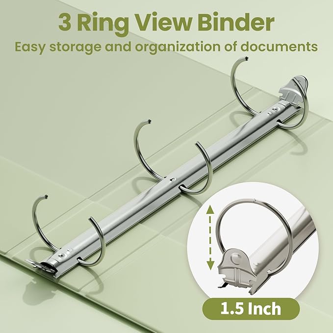 SUNEE 3 Ring Binder 1.5 Inch 2 Pack, Clear View Binder Three Ring PVC-Free (Fit 8.5x11 Inches) for School or Office Supplies, Sage Green
