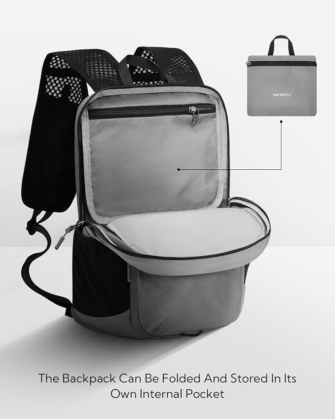WATERFLY Small Packable Travel Backpack: 15L Lightweight Hiking Daypack | 0.59 lb,Water-Resistant Nylon,Breathable Straps,Reflective Strips,Phone Pocket,Multi-Pockets,Hiking,Cycling,Commute,Men Women