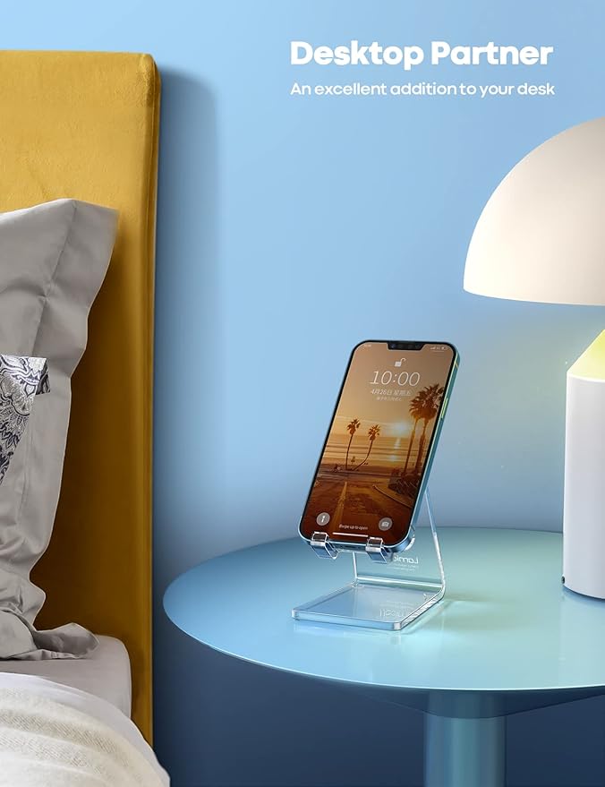 Lamicall Cell Phone Stand, Desk Accessories - Clear Office Cell Phone Holder, Acrylic Phone Stand, Desktop, Acrylic Office Desk Decor Accessories, Suitable for iPhone, 4-8'' Phone, Gifts