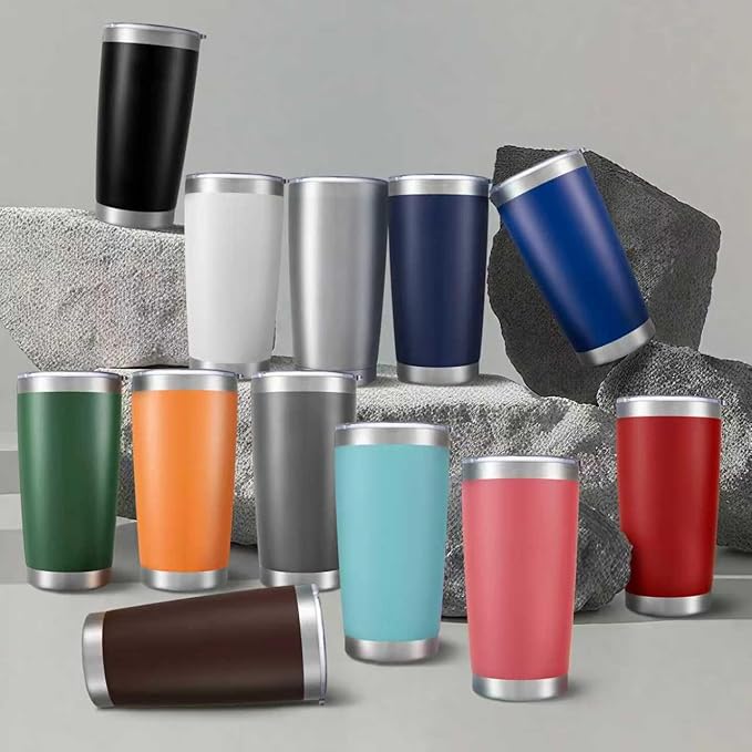 20 oz Tumbler Bulk with Lid Stainless Steel Insulated Tumblers Double Wall Vacuum Coffee Mug Powder Coated Tumbler Cups for Cold and Hot Drinks, Orange, 6 pack