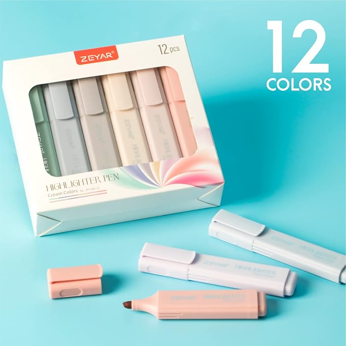 ZEYAR Highlighter Pen, Cream Colors Chisel Tip, Aesthetic Highlighter Marker, Water Based, Quick Dry, No Bleed, for Bible Study Notes School Office (12 Cream Colors)