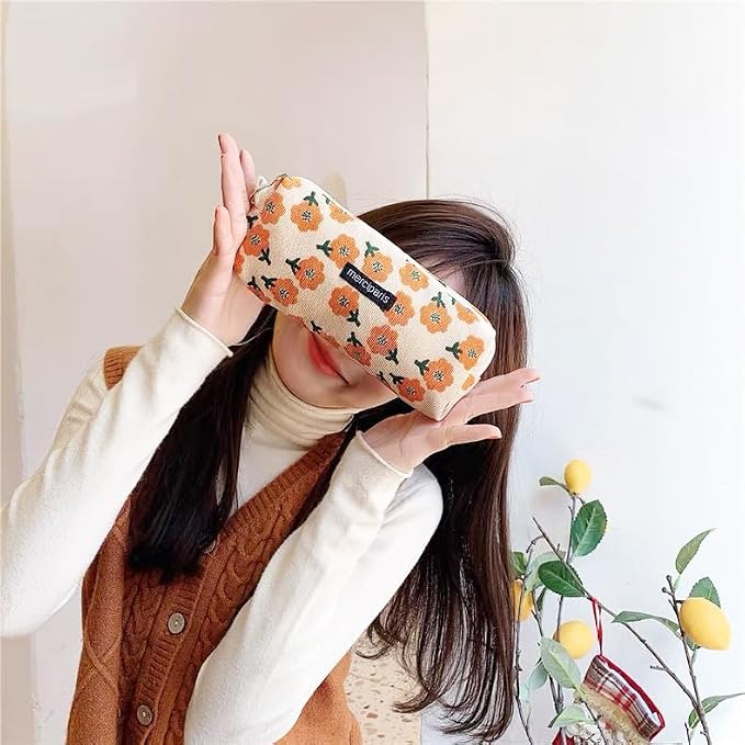 Pencil Pouch Cute Pencil Case Office Storage Bag Holder Box Organizer Aesthetic Bow Flower Pattern Makeup Pouch Cosmetic Bag for Women Girls