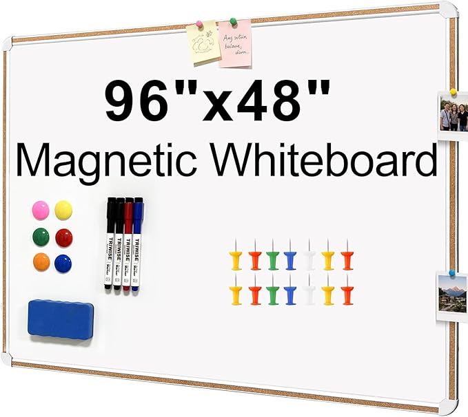 Large Magnetic White Board for Wall,Aluminum & Cork Strip Frame Whiteboard for Office,Presentation Dry Erase Board Wall Mount,Large Whiteboard for School Classroom Huge Whiteboards (96" W x 48" H)