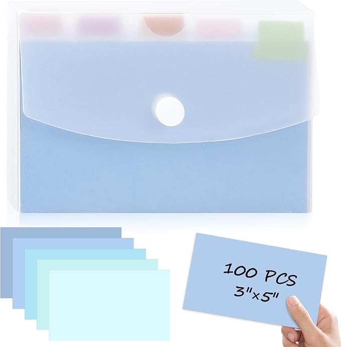AmazonBasics 100 Pcs 3x5 Blue Plastic Note Card Organizer with Clear Index Card Case, 5 Color Note Cards, Blank Flash Cards, Study Cards, Tab Dividers
